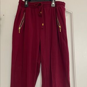 Women Burgundy Pants with Gold Zipper Accents